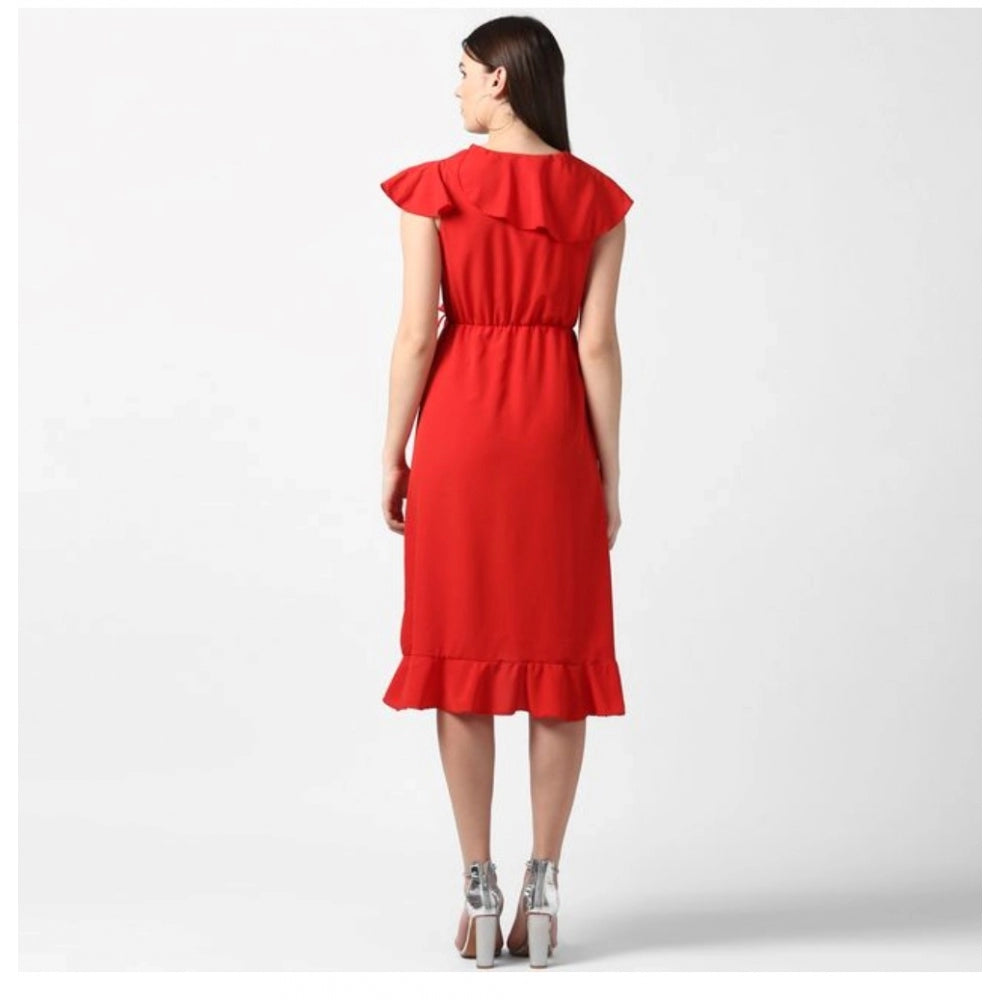 Seduva Women's Polyester Ruffled Cap Sleeve Knee-Length Dress (Red)