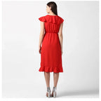 Seduva Women's Polyester Ruffled Cap Sleeve Knee-Length Dress (Red)