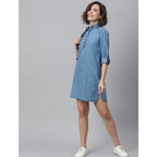 Seduva Women's Denim Solid Long Sleeves Above Knee Dress (Ice Blue)