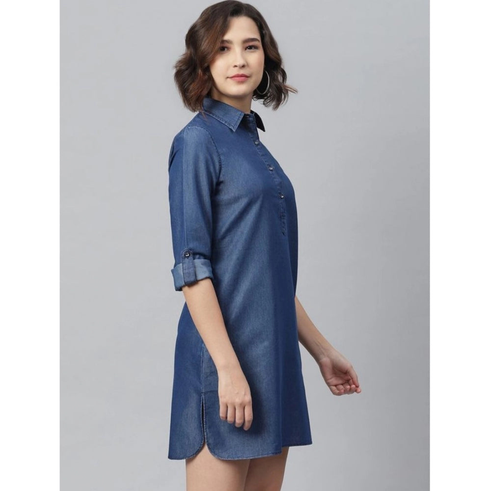 Seduva Women's Denim Solid Long Sleeves Above Knee Dress (Navy Blue)