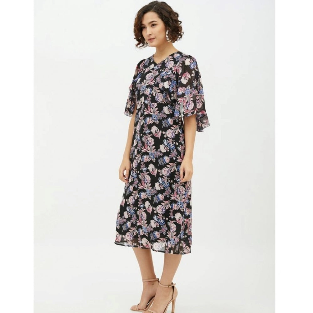 Seduva Women's Polyester Chain Print Cap Sleeve Calf-length Dress (Multicolor)