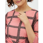 Seduva Women's Polyester Checkered 3-4th Sleeves Below Knee Dress (Pink)