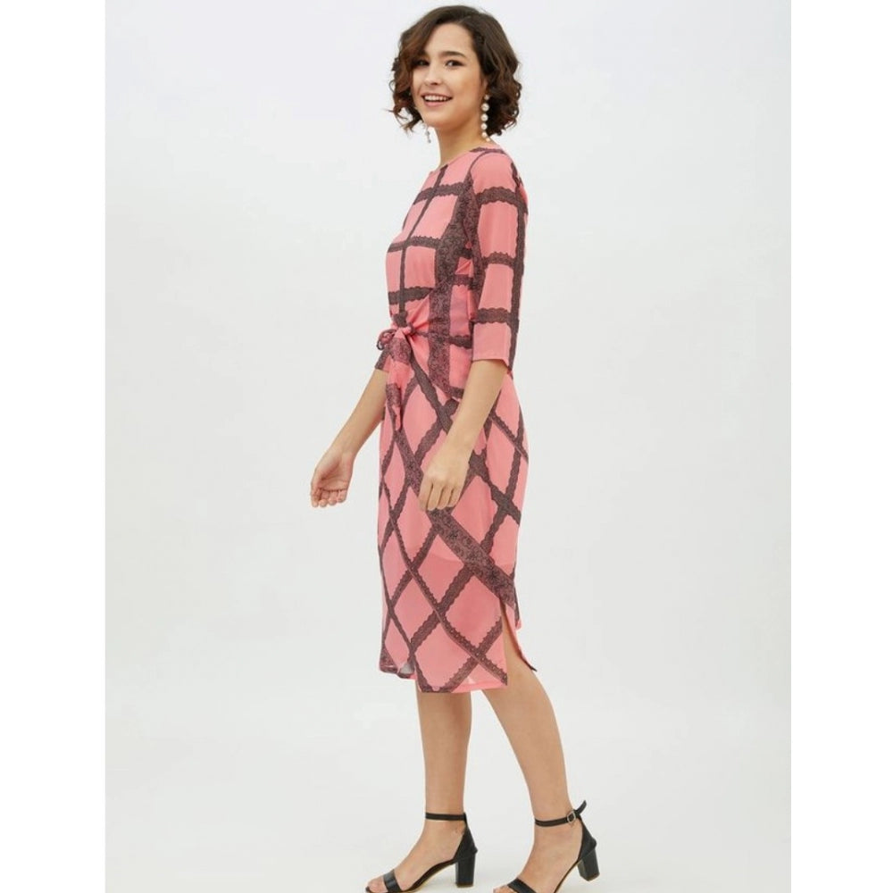 Seduva Women's Polyester Checkered 3-4th Sleeves Below Knee Dress (Pink)