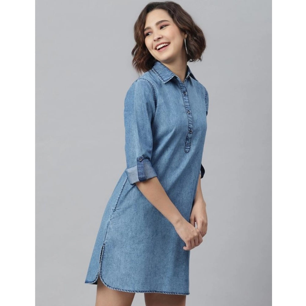 Seduva Women's Denim Solid Long Sleeves Above Knee Dress (Ice Blue)