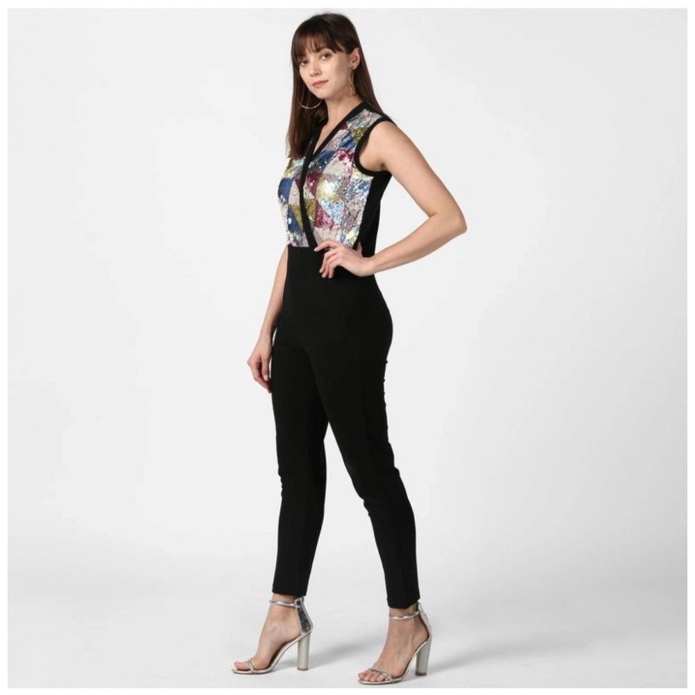 Seduva Women's Polyester Embellished Sleeveless Jumpsuit (Black)
