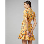 Seduva Women's Polyester Floral Short Sleeve Above Knee Dress (Yellow)