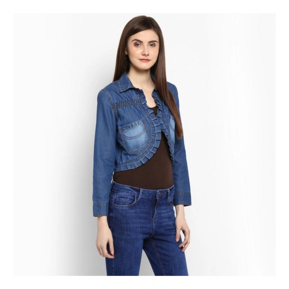 Seduva Women's Denim Pleated 3-4th Sleeves Shrug (Blue)