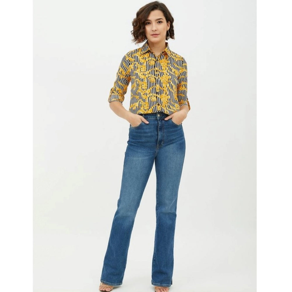 Seduva Women's Polyester Printed Roll Up Sleeve Standard Length Shirt (Mustared)