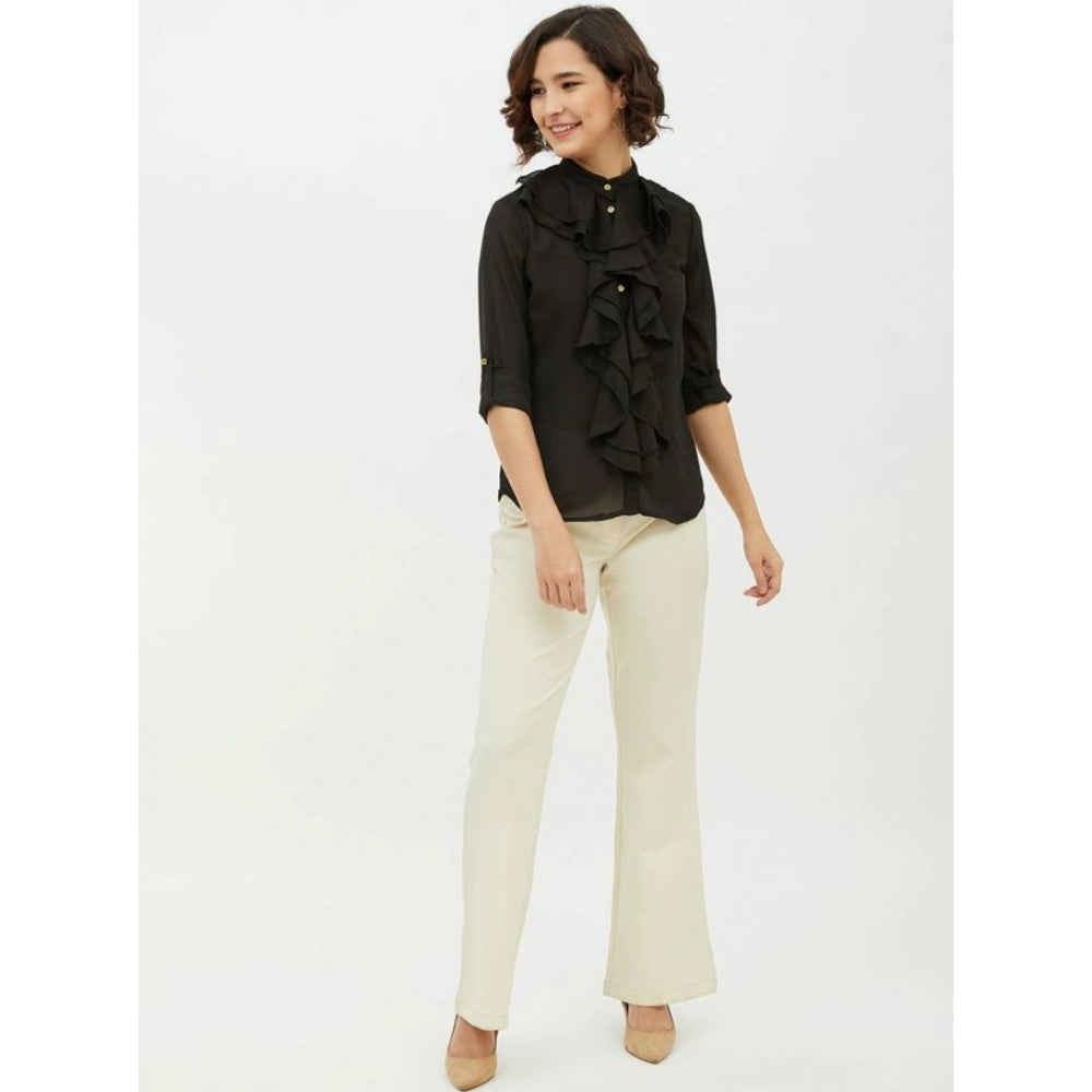 Seduva Women's Polyester Ruffled Long Sleeves Standard Length Shirt (Black)