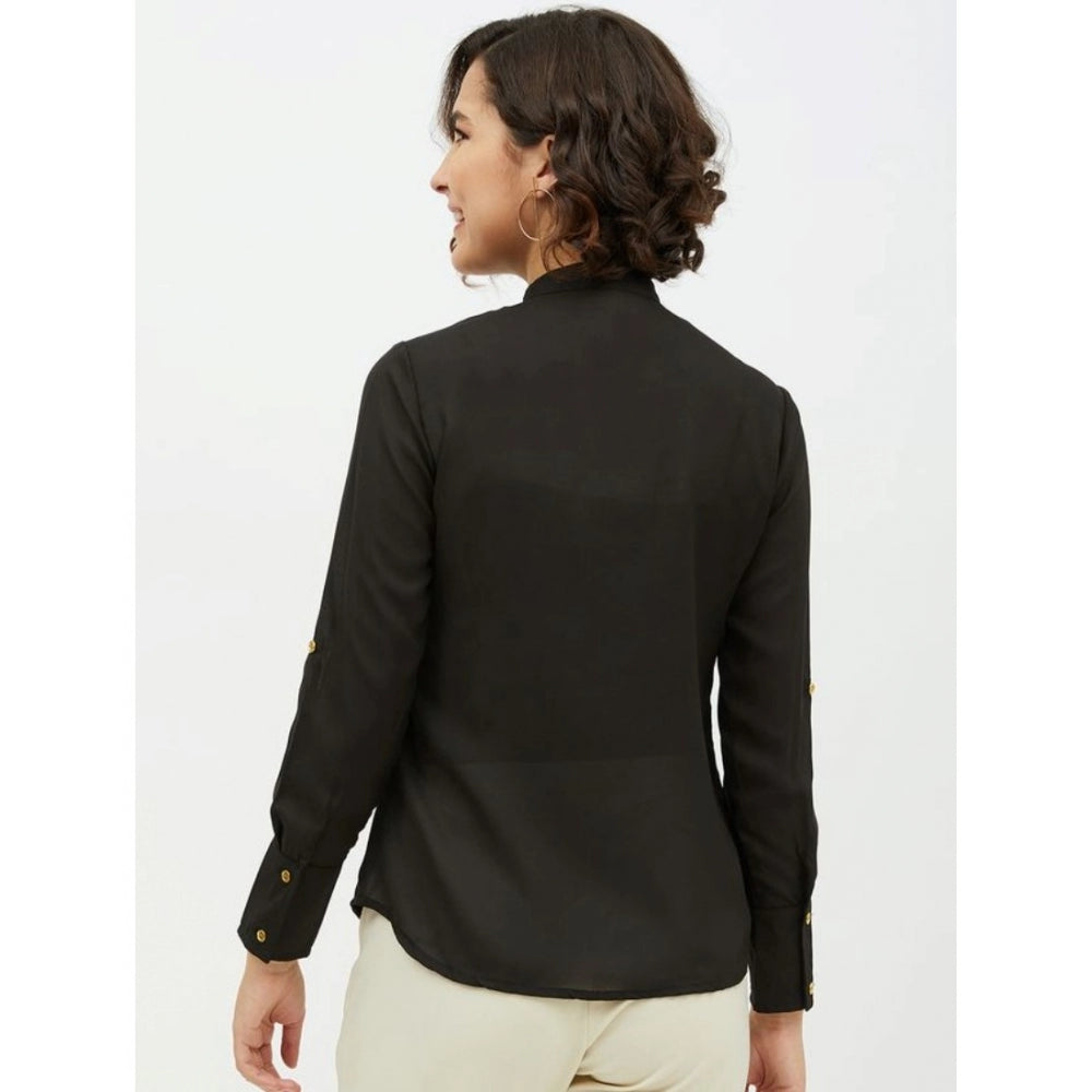 Seduva Women's Polyester Ruffled Long Sleeves Standard Length Shirt (Black)
