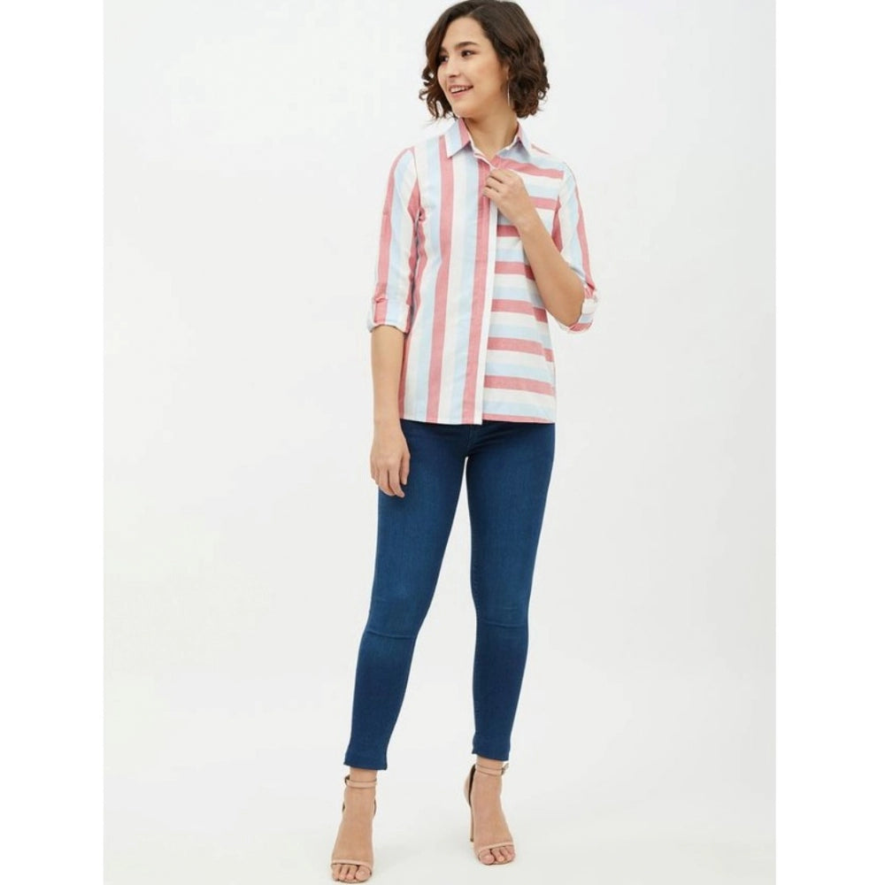Seduva Women's Cotton Striped Long Sleeves Standard Length Shirt (Pink)
