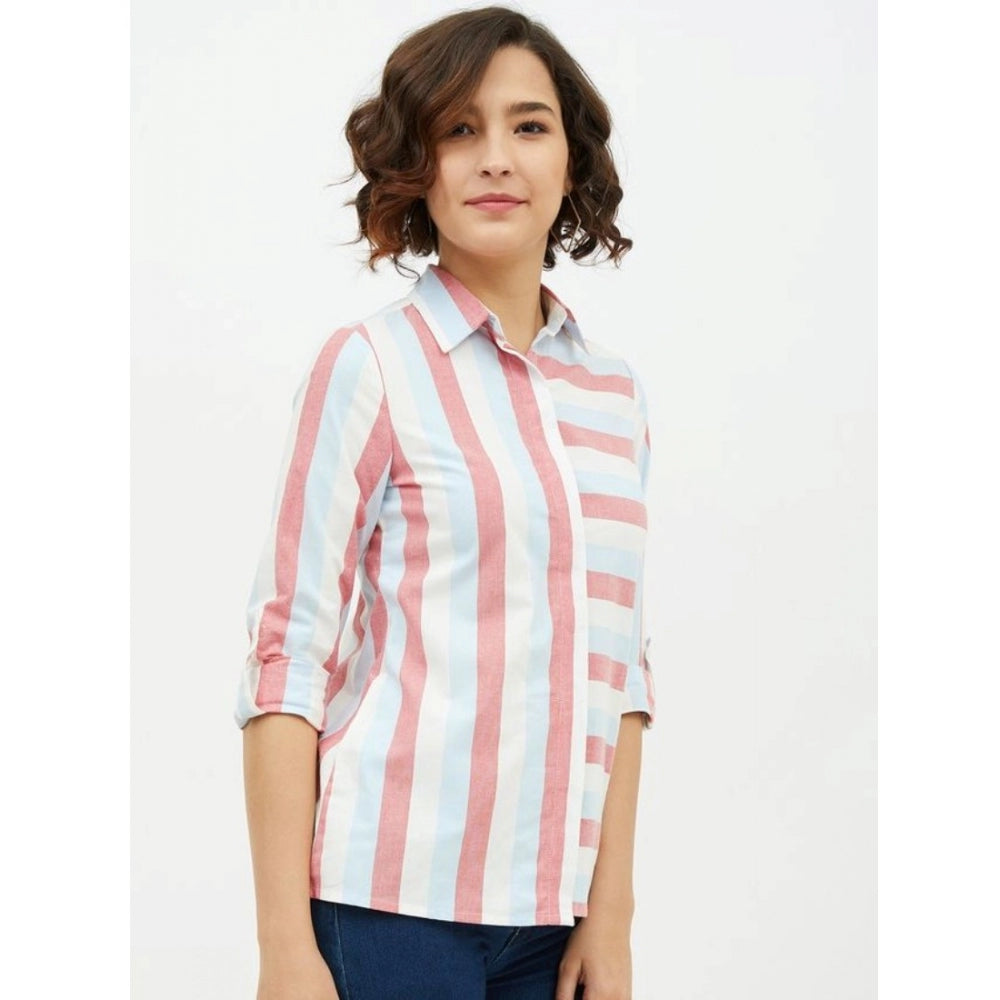 Seduva Women's Cotton Striped Long Sleeves Standard Length Shirt (Pink)