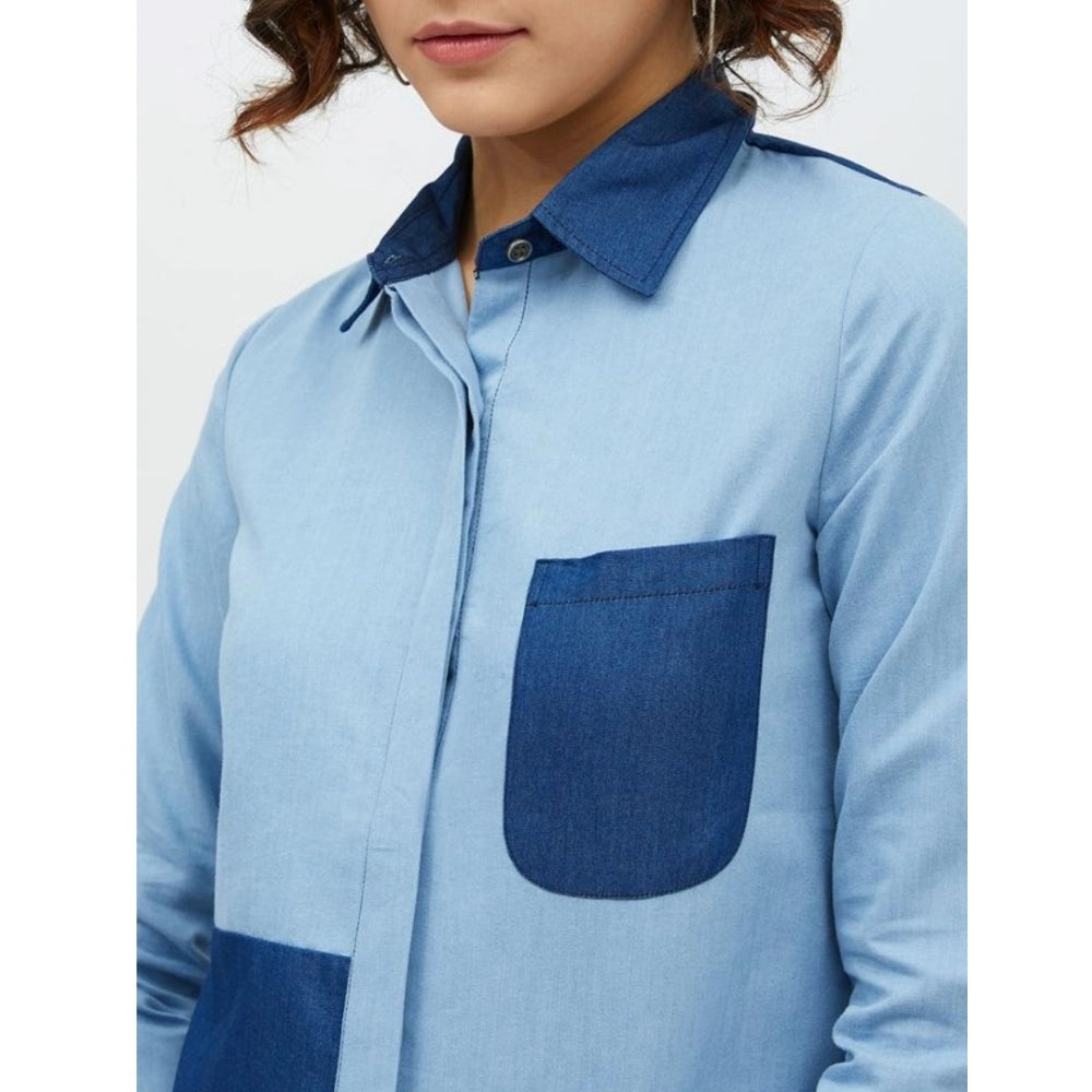 Seduva Women's Denim Patch Work Long Sleeves Standard Length Shirt (Blue)