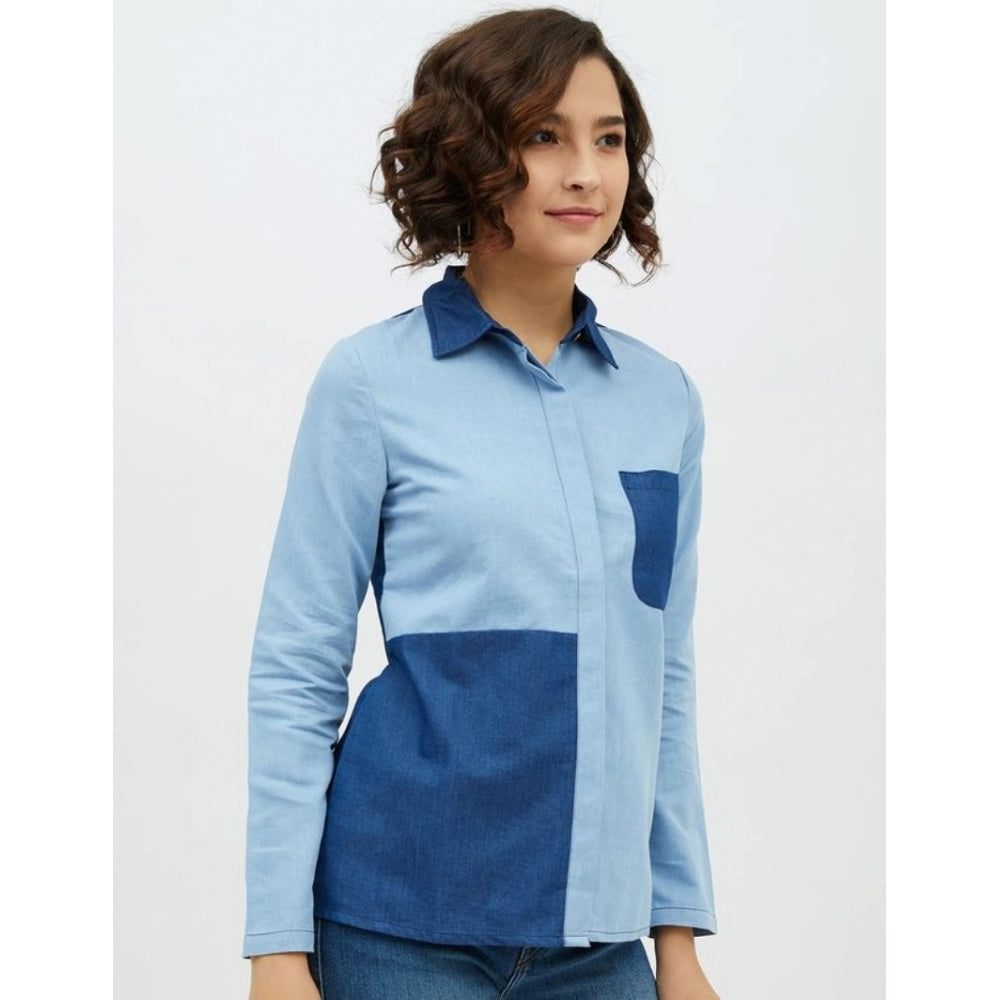 Seduva Women's Denim Patch Work Long Sleeves Standard Length Shirt (Blue)