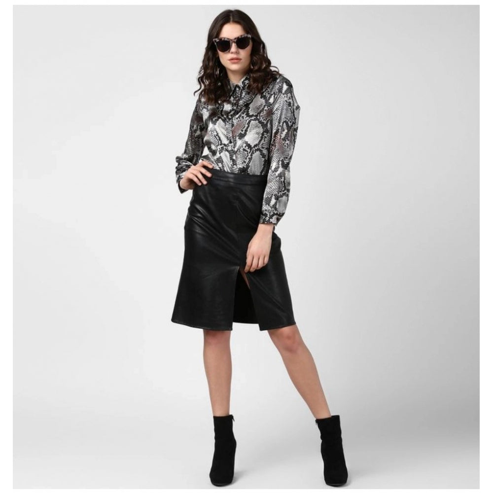 Seduva Women's Satin Animal Print Long Sleeves Standard Length Shirt (Black - Grey)