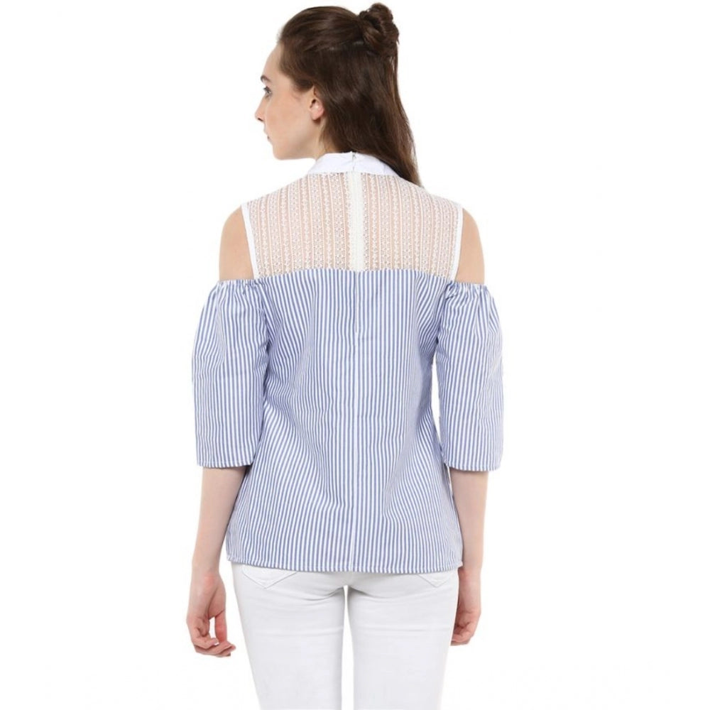 Seduva Women's Cotton Striped Cold Shoulder Top (Blue)