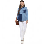 Seduva Women's Denim Patch Work Long Sleeves Regular Top (Blue)
