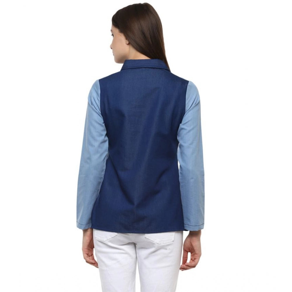 Seduva Women's Denim Patch Work Long Sleeves Regular Top (Blue)