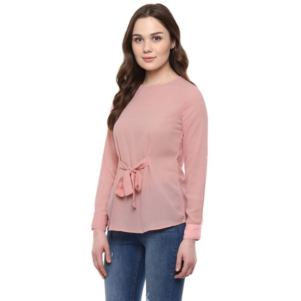 Seduva Women's Polyester Solid Long Sleeves Regular Top (Pink)