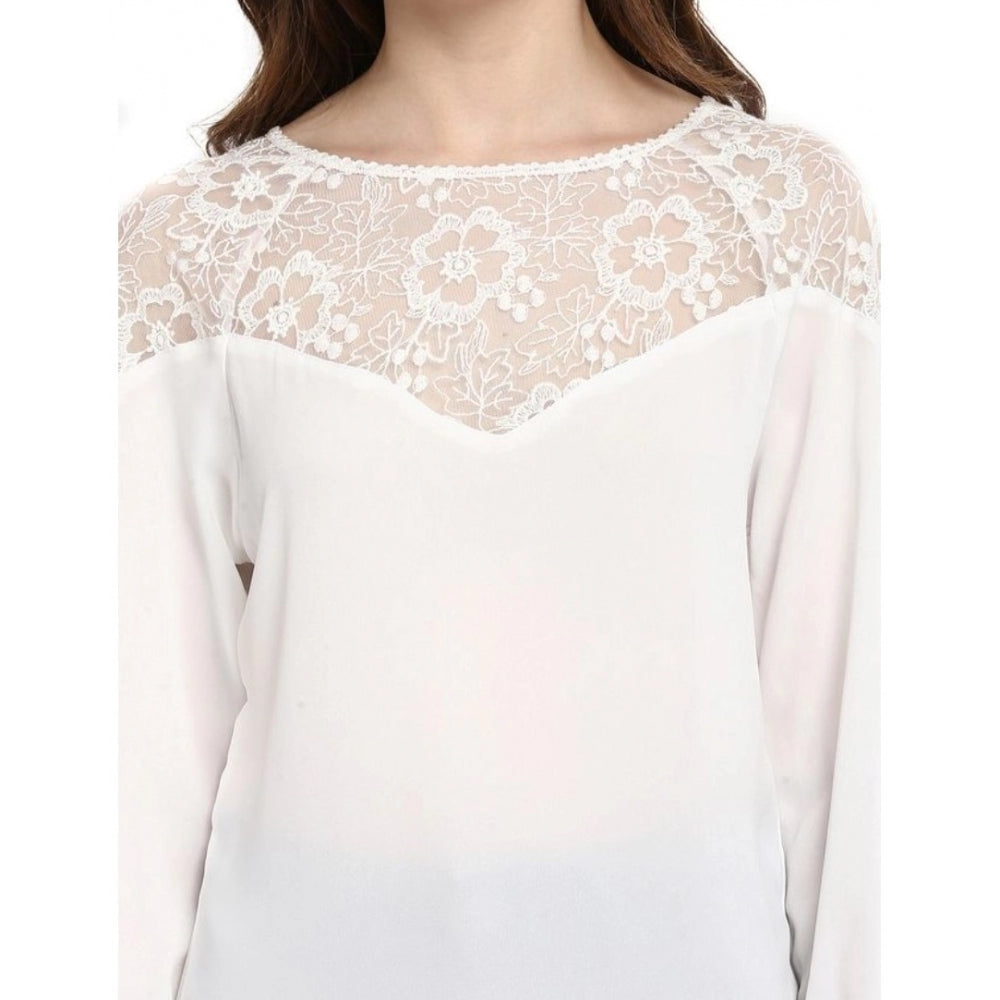 Seduva Women's Polyester Georgette Self Design 3-4th Sleeves Regular Top (White)