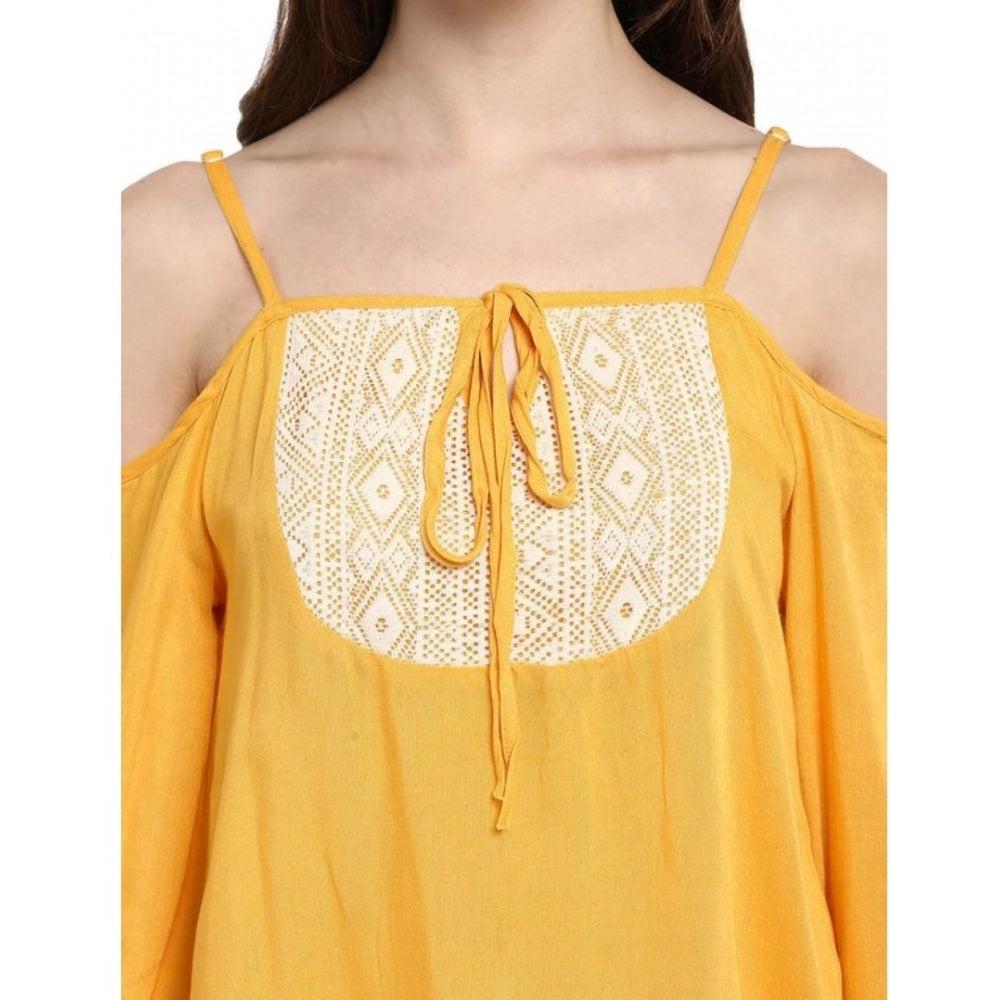 Seduva Women's Rayon Embellished Cold Shoulder Regular Top (Mustard Yellow)