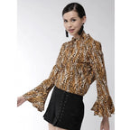 Seduva Women's Polyester Printed Bell Sleeve Top (Orange - Black)