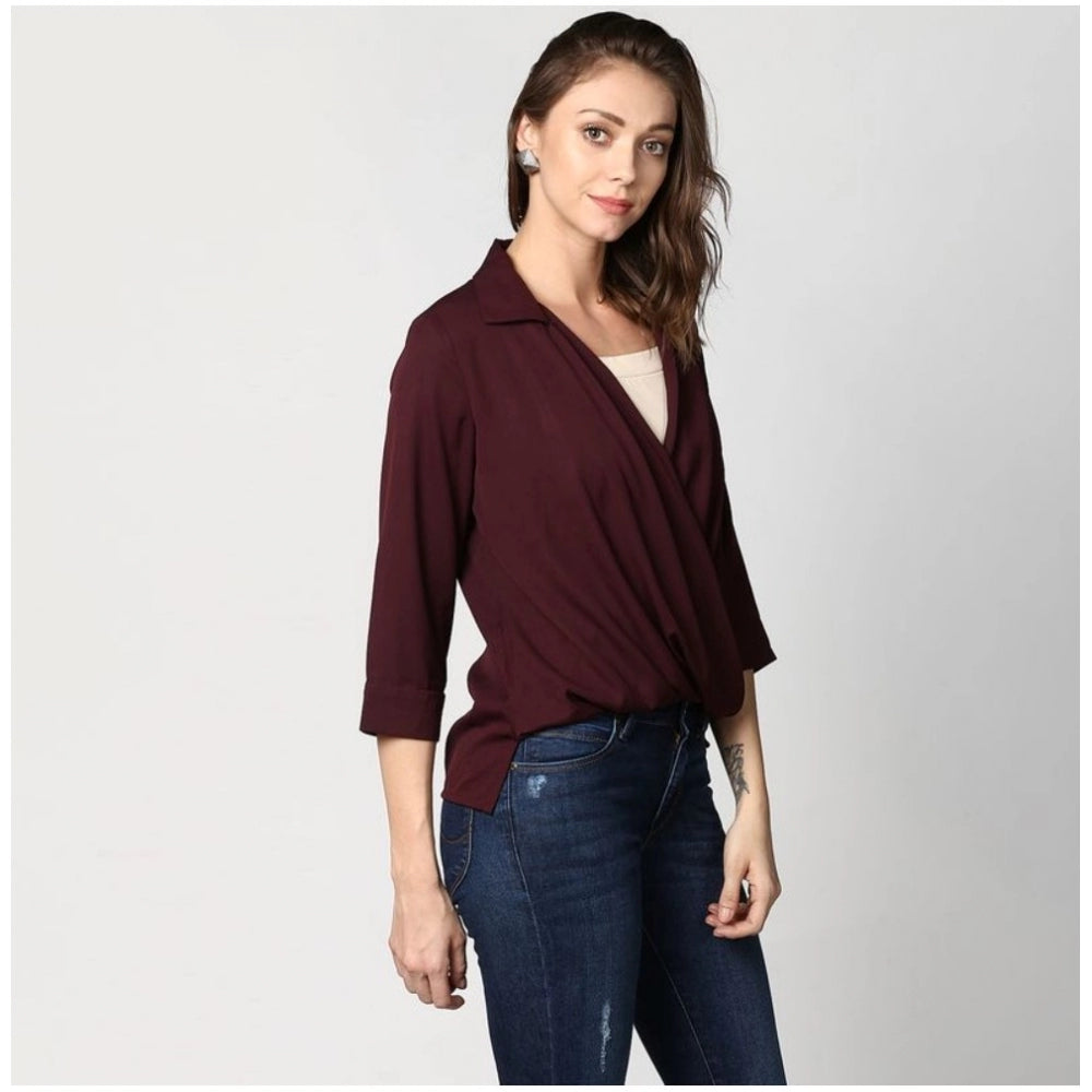 Seduva Women's Polyester Solid 3-4th Sleeves Top (Maroon)