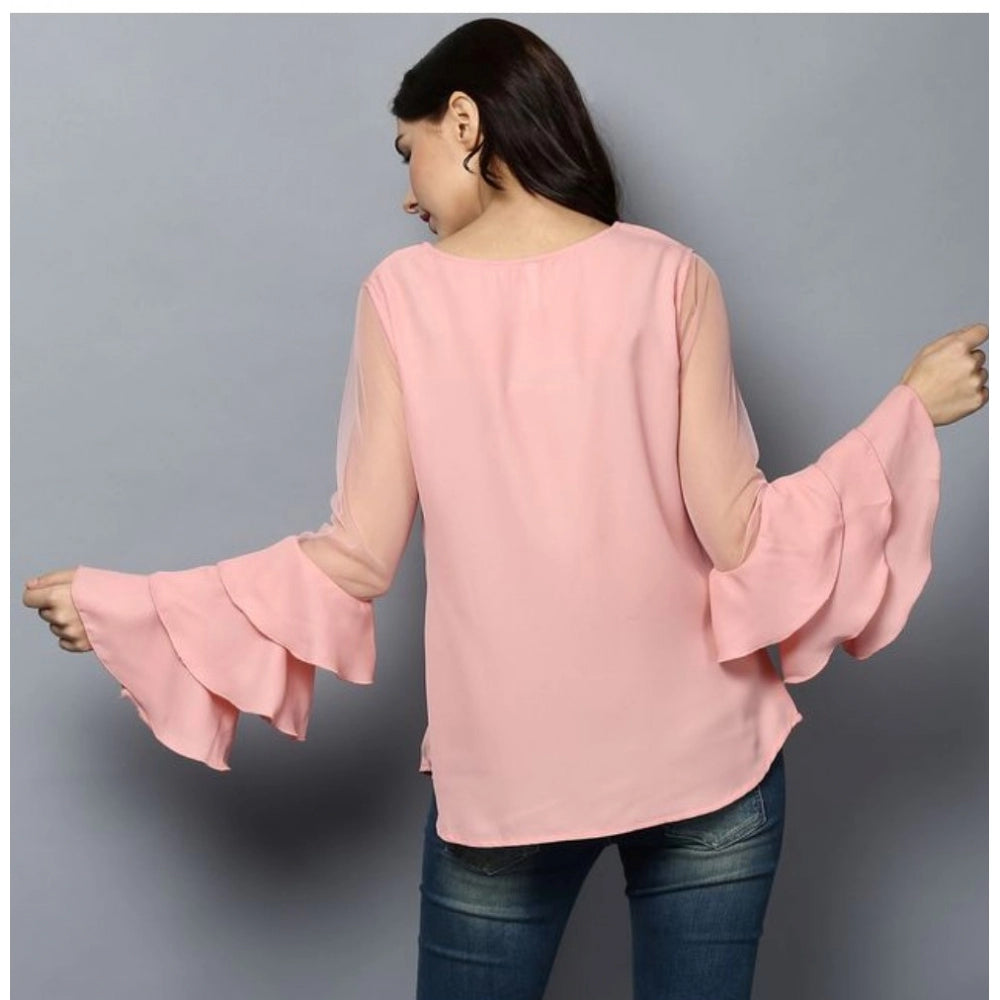 Seduva Women's Polyester Solid Tier Sleeve Top (Pink)