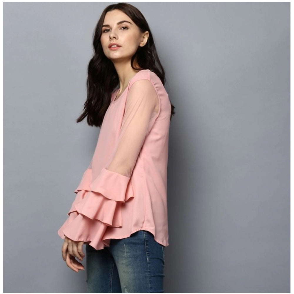Seduva Women's Polyester Solid Tier Sleeve Top (Pink)