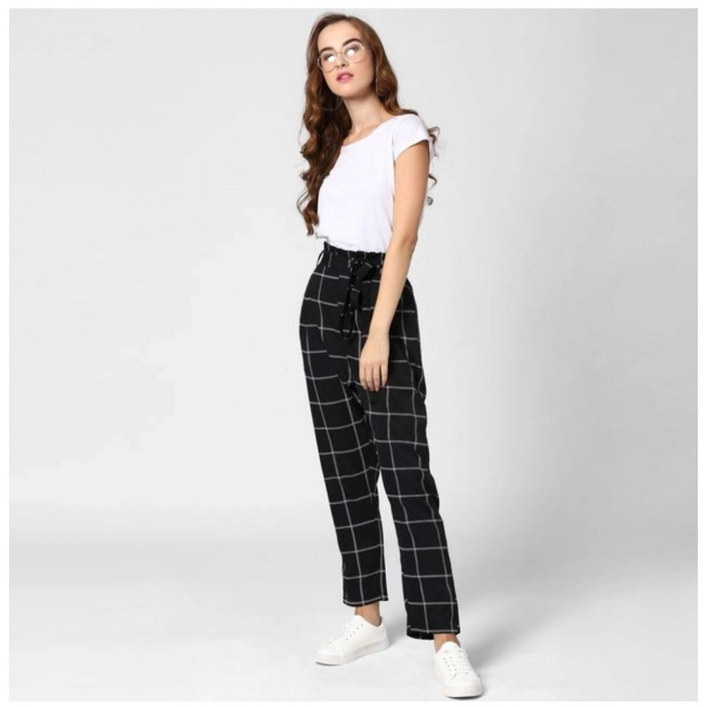 Seduva Women's Polyester Checkered Elasticated Trousers (Black - White)