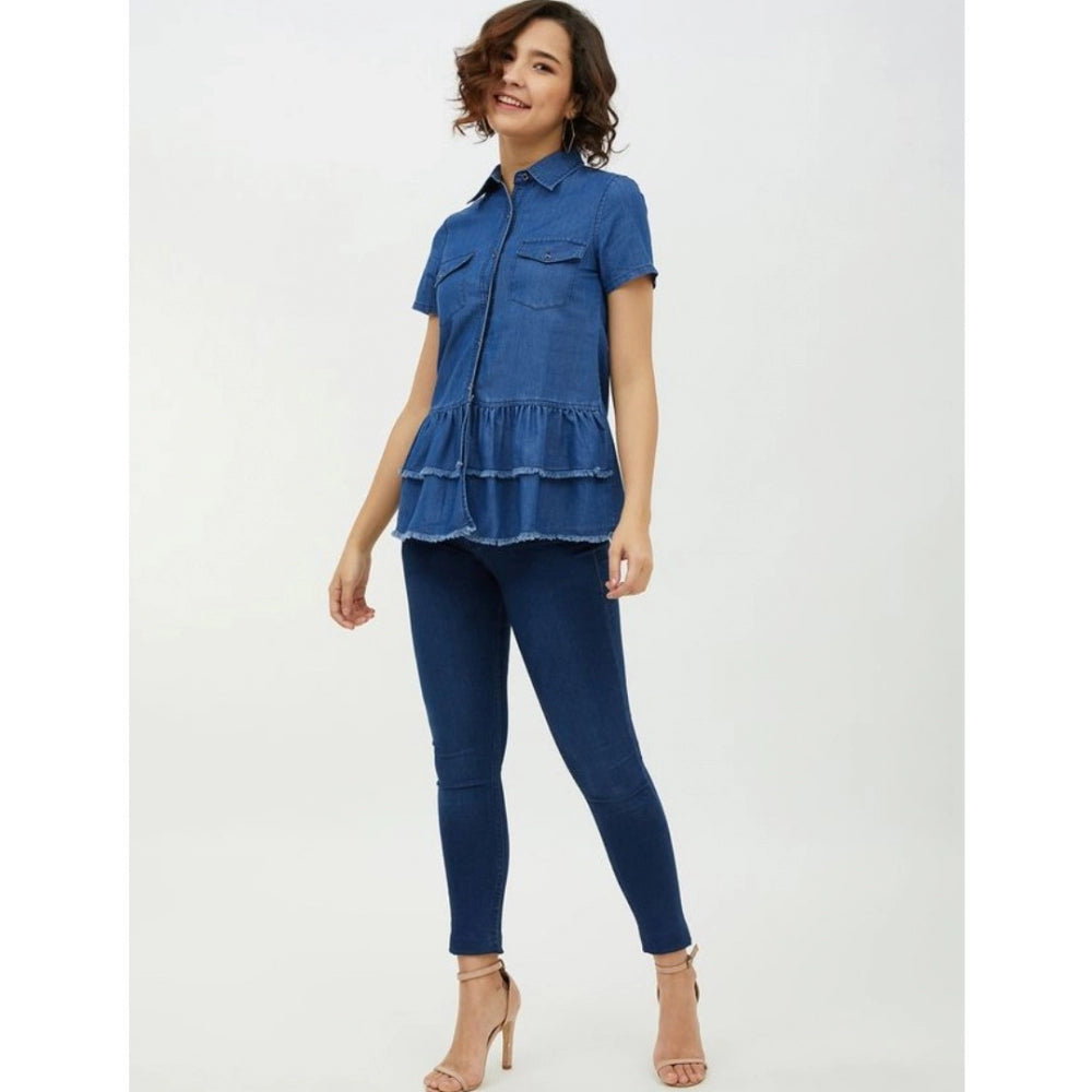 Seduva Women's Denim Peplum Short Sleeve Top (Blue)