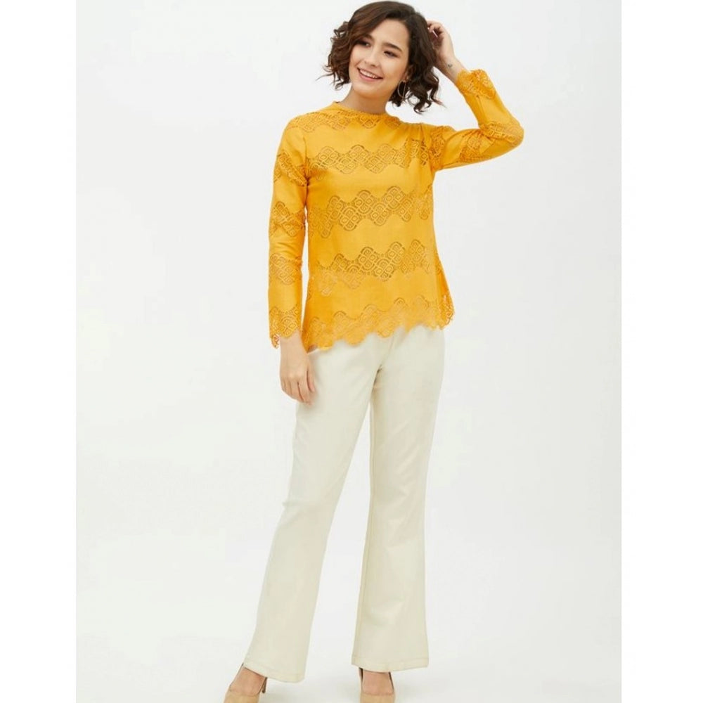 Seduva Women's Cotton Lace Inserts Long Sleeves Top (Yellow)