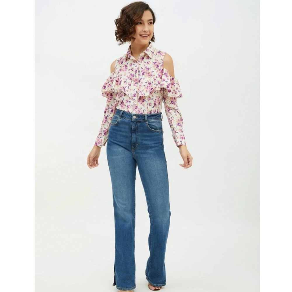 Seduva Women's Polyester Floral Cold Shoulder Standard Length Shirt (White)