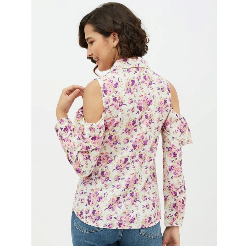 Seduva Women's Polyester Floral Cold Shoulder Standard Length Shirt (White)