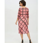 Seduva Women's Polyester Checkered 3-4th Sleeves Below Knee Dress (Pink)