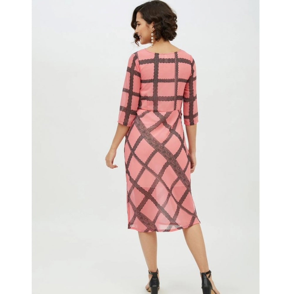 Seduva Women's Polyester Checkered 3-4th Sleeves Below Knee Dress (Pink)
