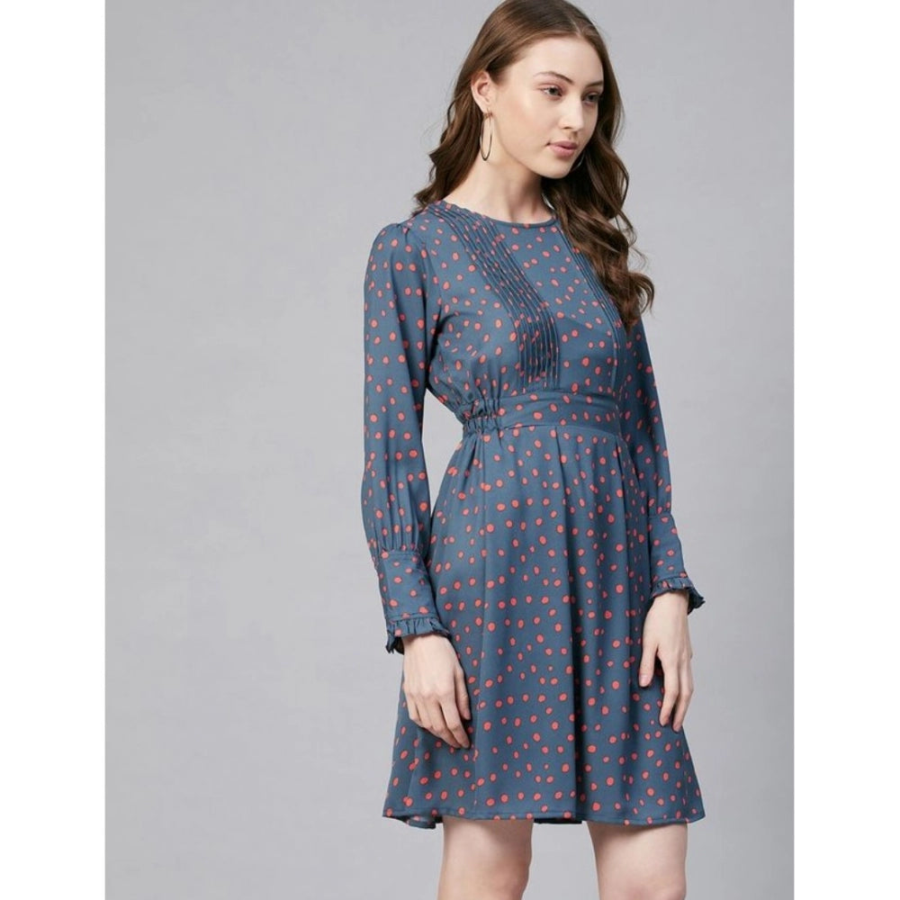 Seduva Women's Polyester Polka Long Sleeves Above Knee Dress (Grey - Coral)
