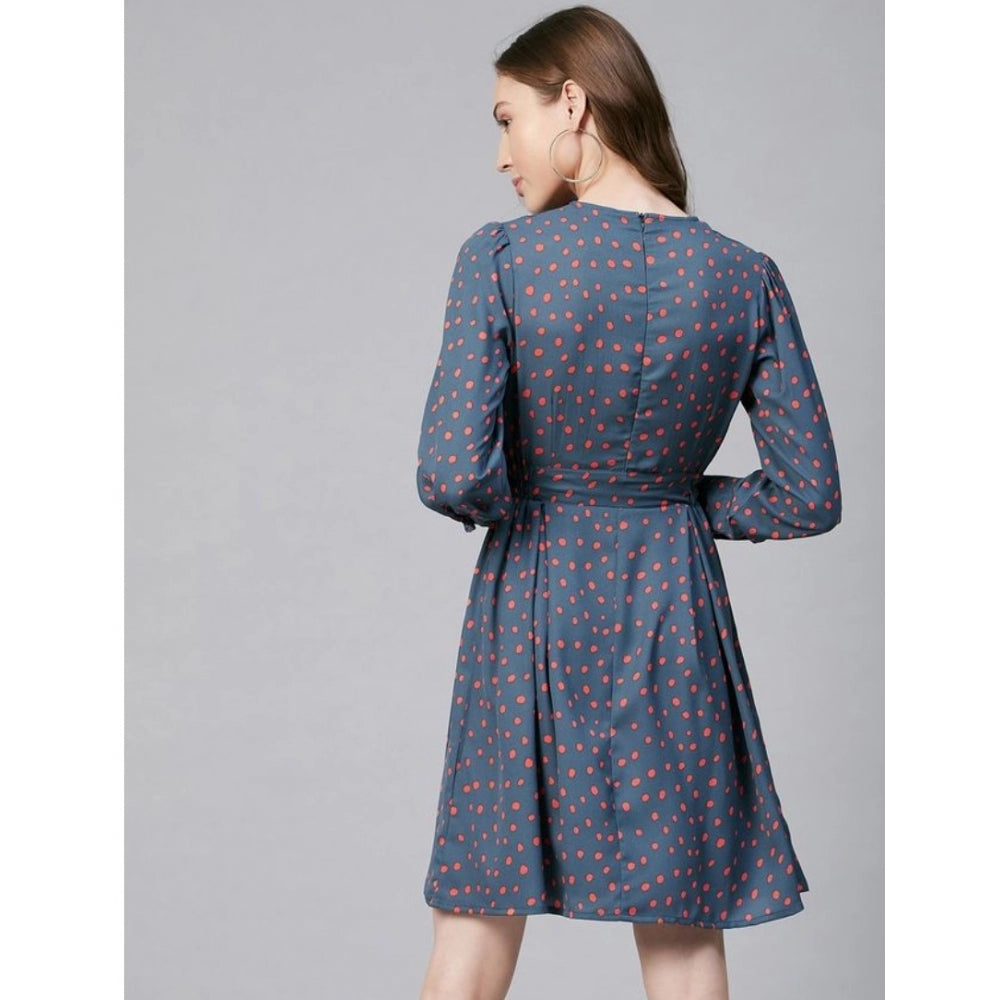 Seduva Women's Polyester Polka Long Sleeves Above Knee Dress (Grey - Coral)