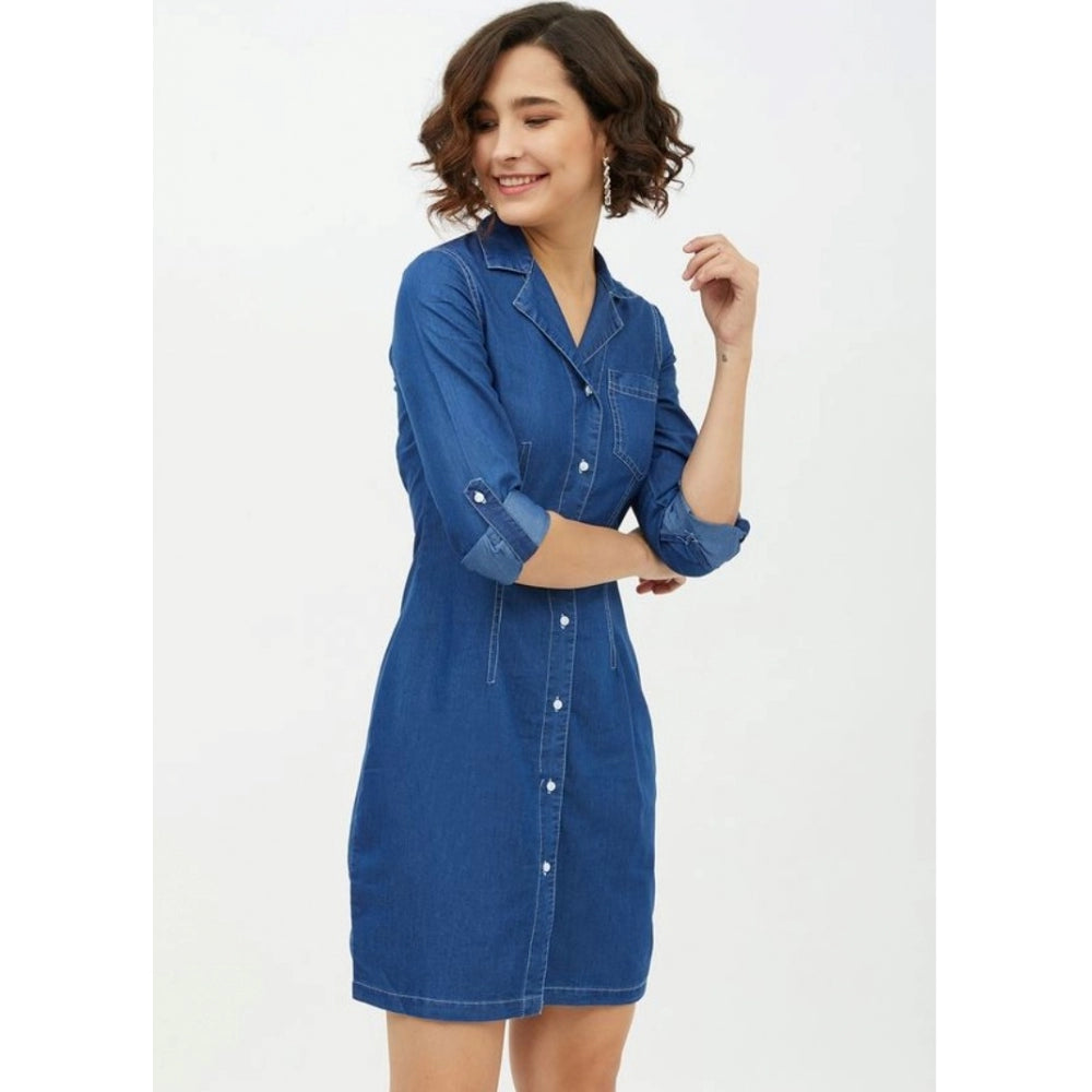 Seduva Women's Denim Solid Long Sleeves Above Knee Dress (Blue)