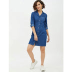 Seduva Women's Denim Solid Long Sleeves Above Knee Dress (Blue)