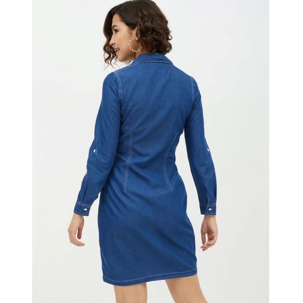 Seduva Women's Denim Solid Long Sleeves Above Knee Dress (Blue)