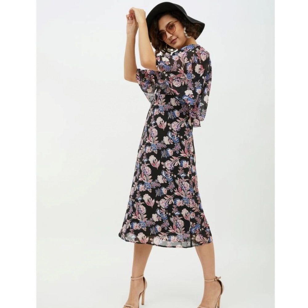 Seduva Women's Polyester Chain Print Cap Sleeve Calf-length Dress (Multicolor)