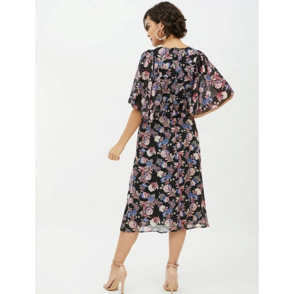Seduva Women's Polyester Chain Print Cap Sleeve Calf-length Dress (Multicolor)