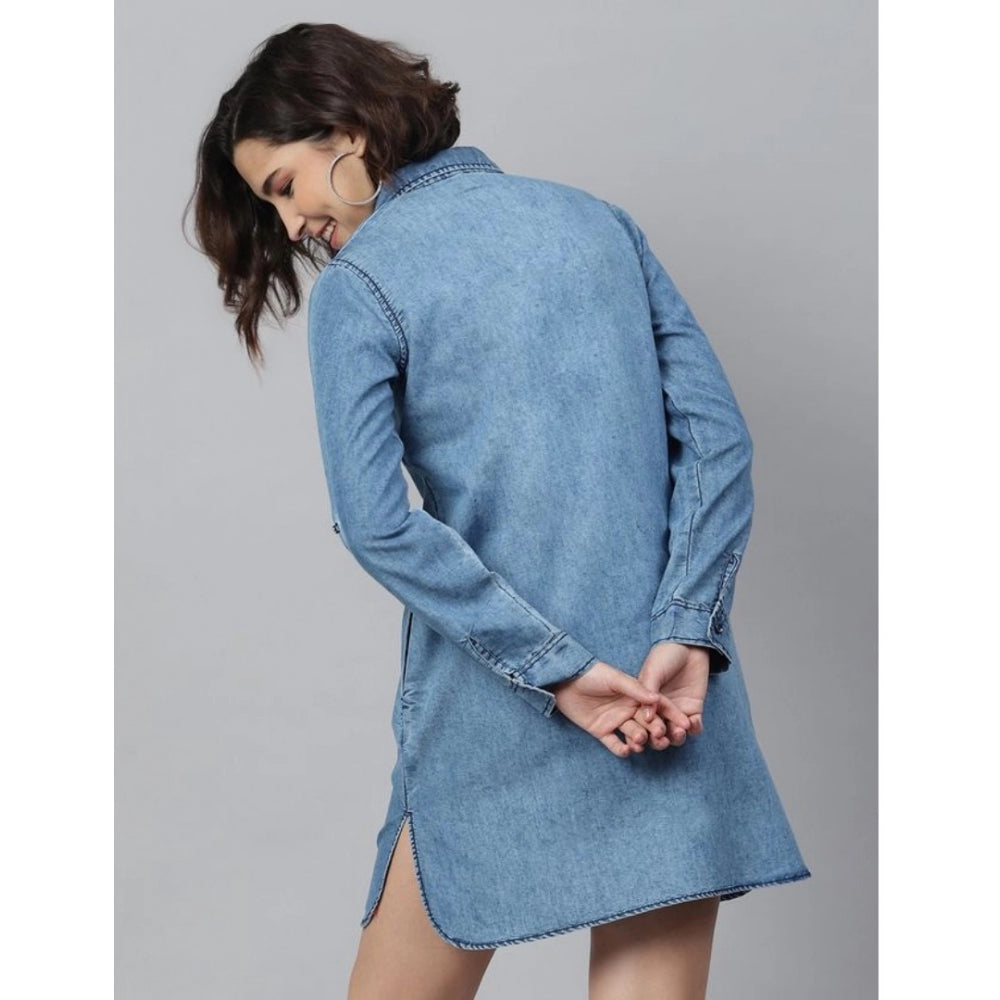 Seduva Women's Denim Solid Long Sleeves Above Knee Dress (Ice Blue)
