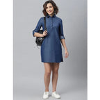 Seduva Women's Denim Solid Long Sleeves Above Knee Dress (Navy Blue)