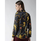 Seduva Women's Satin Printed Long Sleeves Standard Length Shirt (Black - Gold)
