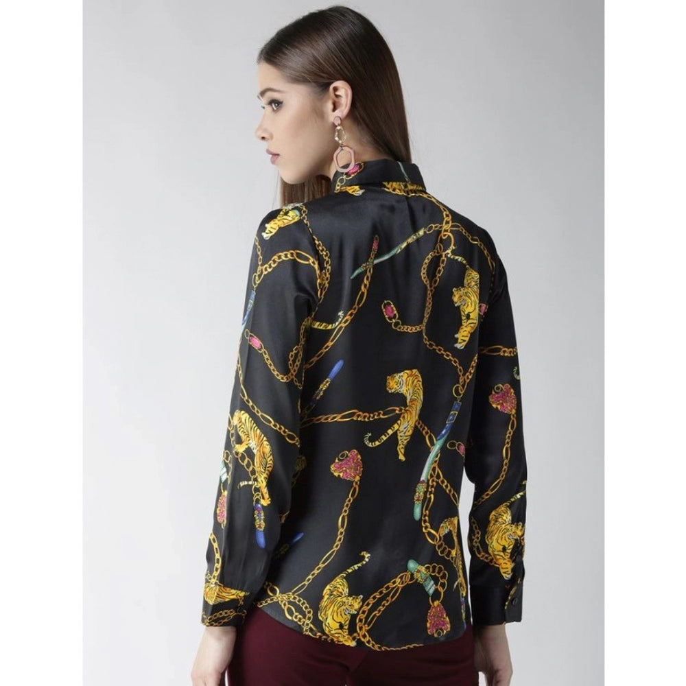 Seduva Women's Satin Printed Long Sleeves Standard Length Shirt (Black - Gold)