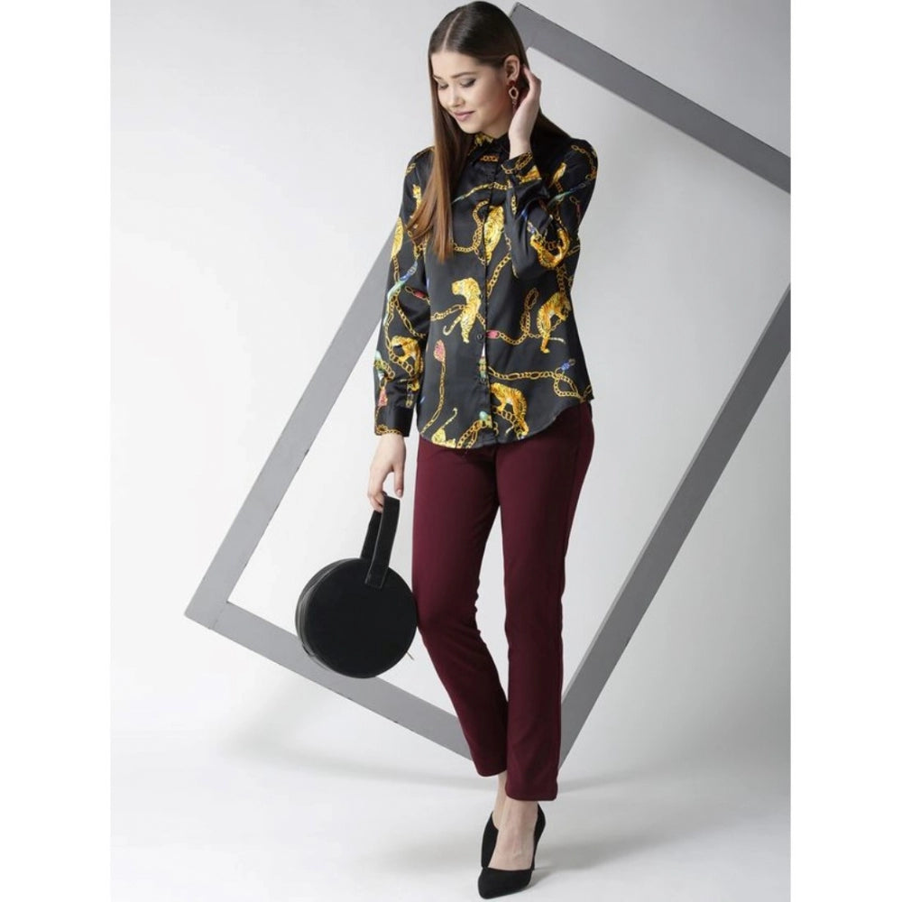 Seduva Women's Satin Printed Long Sleeves Standard Length Shirt (Black - Gold)