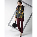 Seduva Women's Satin Printed Long Sleeves Standard Length Shirt (Black - Gold)