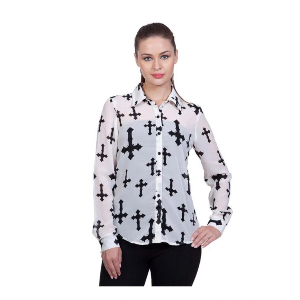 Seduva Women's Polyester Printed Long Sleeves Standard Length Shirt (White)